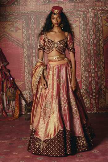 Shop_Aditi Gupta_Pink Tissue, Velvet Embroidery, Sequins, Stones Floral And Geometric Lehenga Set 