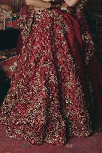 Aditi Gupta_Maroon Tissue Embroidery, Pearls, Stones, Fabric Flowers 3d Bridal Lehenga Set _Online_at_Aza_Fashions