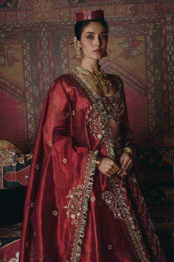 Buy_Aditi Gupta_Maroon Tissue Embroidery, Pearls, Stones, Fabric Flowers 3d Bridal Lehenga Set _Online_at_Aza_Fashions