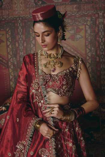 Shop_Aditi Gupta_Maroon Tissue Embroidery, Pearls, Stones, Fabric Flowers 3d Bridal Lehenga Set _Online_at_Aza_Fashions