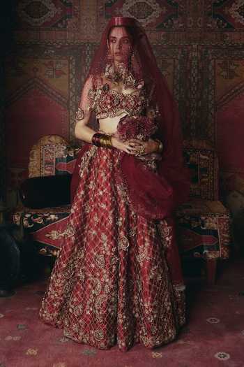 Aditi Gupta_Maroon Tissue Embroidery, Pearls, Stones, Fabric Flowers 3d Bridal Lehenga Set _at_Aza_Fashions