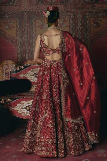 Shop_Aditi Gupta_Maroon Tissue Embroidery, Pearls, Stones, Fabric Flowers 3d Bridal Lehenga Set _at_Aza_Fashions