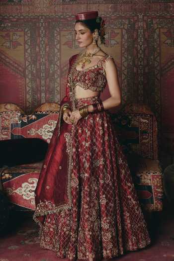 Buy_Aditi Gupta_Maroon Tissue Embroidery, Pearls, Stones, Fabric Flowers 3d Bridal Lehenga Set 
