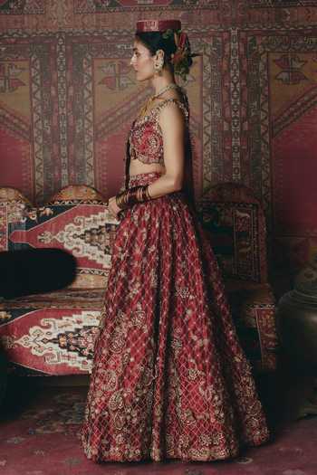 Shop_Aditi Gupta_Maroon Tissue Embroidery, Pearls, Stones, Fabric Flowers 3d Bridal Lehenga Set 