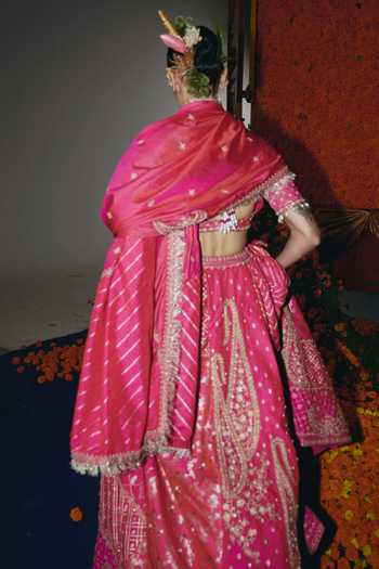 Shop_Aditi Gupta_Pink Silk Embroidery, Sequins, Zari, Tassels Sweetheart Banarasi Lehenga Set _at_Aza_Fashions