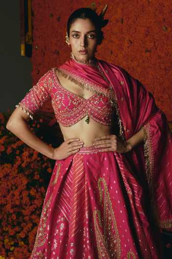 Buy_Aditi Gupta_Pink Silk Embroidery, Sequins, Zari, Tassels Sweetheart Banarasi Lehenga Set _Online_at_Aza_Fashions