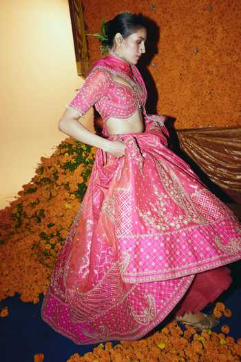 Shop_Aditi Gupta_Pink Silk Embroidery, Sequins, Zari, Tassels Sweetheart Banarasi Lehenga Set _Online_at_Aza_Fashions