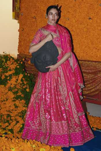 Aditi Gupta_Pink Silk Embroidery, Sequins, Zari, Tassels Sweetheart Banarasi Lehenga Set _at_Aza_Fashions