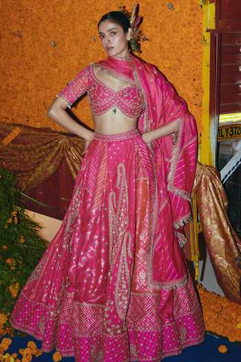 Buy_Aditi Gupta_Pink Silk Embroidery, Sequins, Zari, Tassels Sweetheart Banarasi Lehenga Set 