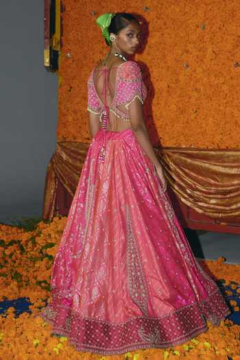 Shop_Aditi Gupta_Pink Silk, Brocade Embroidery, Pearls, Zari, Panelled Banarasi Lehenga Set _at_Aza_Fashions