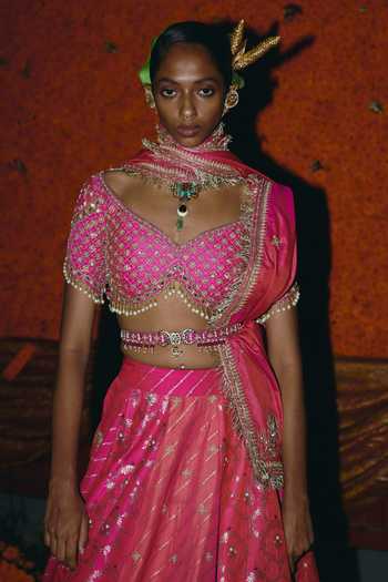 Aditi Gupta_Pink Silk, Brocade Embroidery, Pearls, Zari, Panelled Banarasi Lehenga Set _Online_at_Aza_Fashions