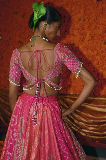 Buy_Aditi Gupta_Pink Silk, Brocade Embroidery, Pearls, Zari, Panelled Banarasi Lehenga Set _Online_at_Aza_Fashions