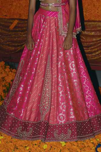 Shop_Aditi Gupta_Pink Silk, Brocade Embroidery, Pearls, Zari, Panelled Banarasi Lehenga Set _Online_at_Aza_Fashions