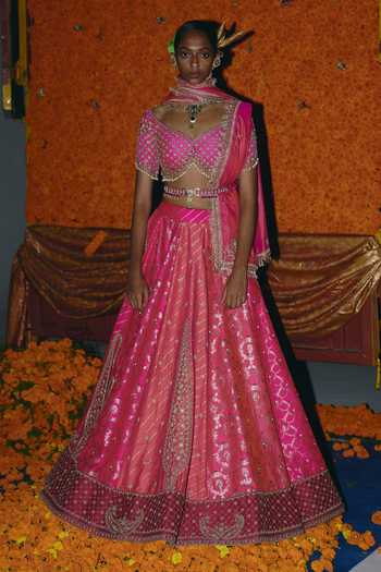 Aditi Gupta_Pink Silk, Brocade Embroidery, Pearls, Zari, Panelled Banarasi Lehenga Set _at_Aza_Fashions