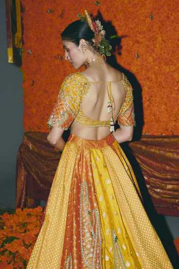 Shop_Aditi Gupta_Yellow Silk, Brocade Zari, Pearls, Tassels, Floral Pattern Banarasi Lehenga Set _at_Aza_Fashions