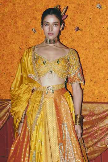 Aditi Gupta_Yellow Silk, Brocade Zari, Pearls, Tassels, Floral Pattern Banarasi Lehenga Set _Online_at_Aza_Fashions