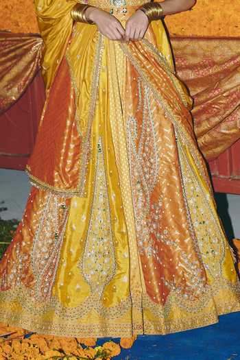 Buy_Aditi Gupta_Yellow Silk, Brocade Zari, Pearls, Tassels, Floral Pattern Banarasi Lehenga Set _Online_at_Aza_Fashions