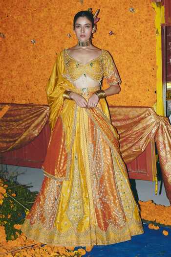 Shop_Aditi Gupta_Yellow Silk, Brocade Zari, Pearls, Tassels, Floral Pattern Banarasi Lehenga Set _Online_at_Aza_Fashions