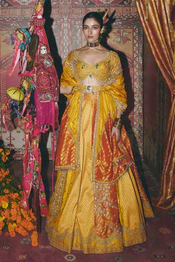 Buy_Aditi Gupta_Yellow Silk, Brocade Zari, Pearls, Tassels, Floral Pattern Banarasi Lehenga Set _at_Aza_Fashions