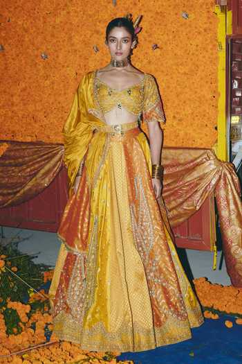 Aditi Gupta_Yellow Silk, Brocade Zari, Pearls, Tassels, Floral Pattern Banarasi Lehenga Set _at_Aza_Fashions