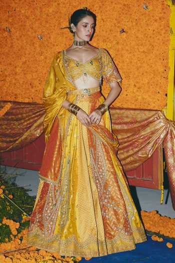 Buy_Aditi Gupta_Yellow Silk, Brocade Zari, Pearls, Tassels, Floral Pattern Banarasi Lehenga Set 