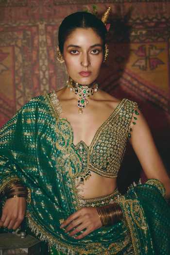 Aditi Gupta_Green Silk, Brocade Zari, Pearls, Floral Geometric Butti Embroidered Lehenga Set _Online_at_Aza_Fashions