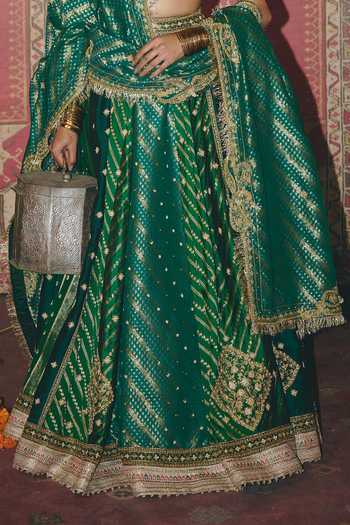 Buy_Aditi Gupta_Green Silk, Brocade Zari, Pearls, Floral Geometric Butti Embroidered Lehenga Set _Online_at_Aza_Fashions