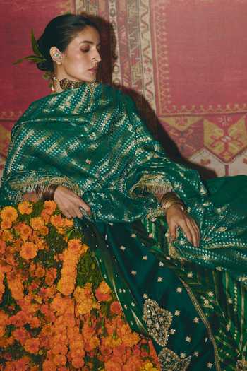 Shop_Aditi Gupta_Green Silk, Brocade Zari, Pearls, Floral Geometric Butti Embroidered Lehenga Set _Online_at_Aza_Fashions