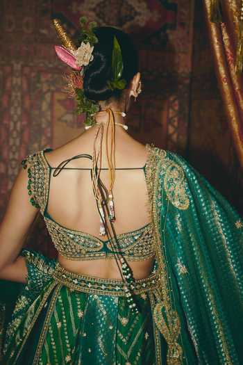 Aditi Gupta_Green Silk, Brocade Zari, Pearls, Floral Geometric Butti Embroidered Lehenga Set _at_Aza_Fashions