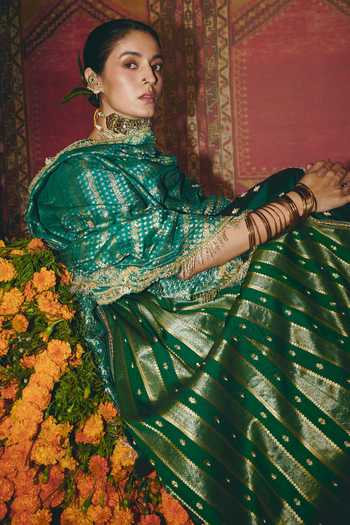 Buy_Aditi Gupta_Green Silk, Brocade Zari, Pearls, Floral Geometric Butti Embroidered Lehenga Set 