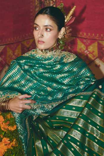 Shop_Aditi Gupta_Green Silk, Brocade Zari, Pearls, Floral Geometric Butti Embroidered Lehenga Set 