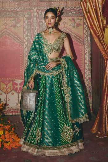 Buy_Aditi Gupta_Green Silk, Brocade Zari, Pearls, Floral Geometric Butti Embroidered Lehenga Set _at_Aza_Fashions