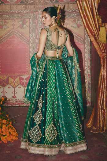 Shop_Aditi Gupta_Green Silk, Brocade Zari, Pearls, Floral Geometric Butti Embroidered Lehenga Set _at_Aza_Fashions