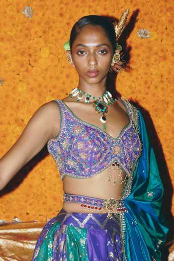 Aditi Gupta_Purple Silk Embroidery, Zari, Tassels, Pearls, Panelled Banarasi Lehenga Set _Online_at_Aza_Fashions