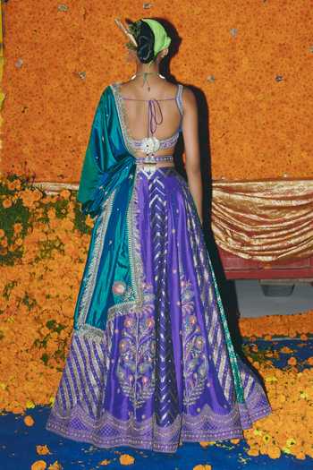 Shop_Aditi Gupta_Purple Silk Embroidery, Zari, Tassels, Pearls, Panelled Banarasi Lehenga Set _at_Aza_Fashions