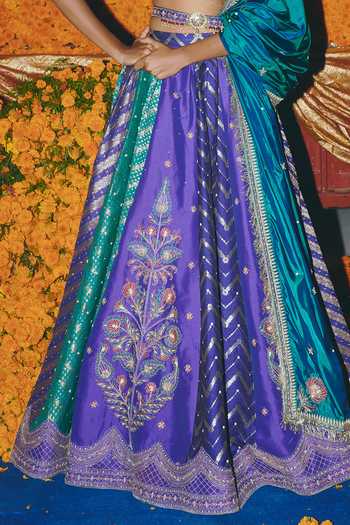Buy_Aditi Gupta_Purple Silk Embroidery, Zari, Tassels, Pearls, Panelled Banarasi Lehenga Set _Online_at_Aza_Fashions
