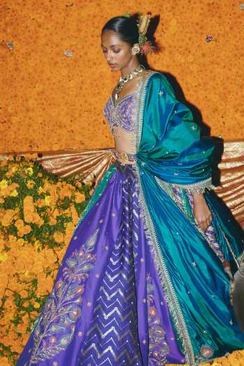 Shop_Aditi Gupta_Purple Silk Embroidery, Zari, Tassels, Pearls, Panelled Banarasi Lehenga Set _Online_at_Aza_Fashions