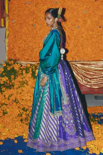 Aditi Gupta_Purple Silk Embroidery, Zari, Tassels, Pearls, Panelled Banarasi Lehenga Set _at_Aza_Fashions