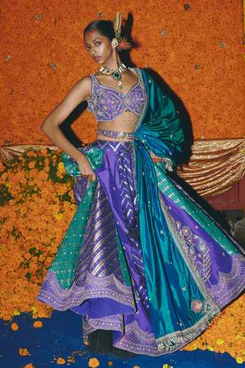 Buy_Aditi Gupta_Purple Silk Embroidery, Zari, Tassels, Pearls, Panelled Banarasi Lehenga Set 