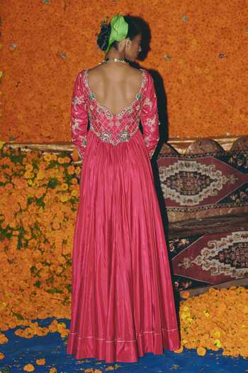 Shop_Aditi Gupta_Pink Silk Embroidery, Pearls, Zari Sweetheart Neck Soft Anarkali With Dupatta _at_Aza_Fashions