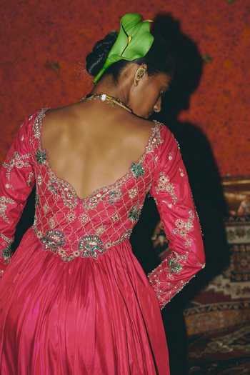 Shop_Aditi Gupta_Pink Silk Embroidery, Pearls, Zari Sweetheart Neck Soft Anarkali With Dupatta _Online_at_Aza_Fashions