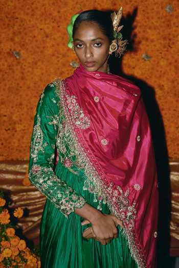 Shop_Aditi Gupta_Green Silk Zari, Pearls Sweetheart Neck Soft Embroidered Anarkali With Dupatta _Online_at_Aza_Fashions