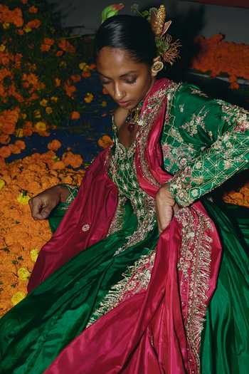 Aditi Gupta_Green Silk Zari, Pearls Sweetheart Neck Soft Embroidered Anarkali With Dupatta _at_Aza_Fashions