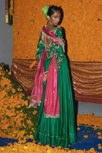 Shop_Aditi Gupta_Green Silk Zari, Pearls Sweetheart Neck Soft Embroidered Anarkali With Dupatta _at_Aza_Fashions