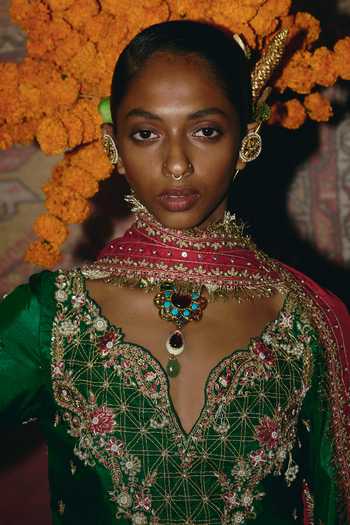 Aditi Gupta_Green Silk Embroidery, Zari, Pearls V-neck Soft Kurta Sharara Set _Online_at_Aza_Fashions