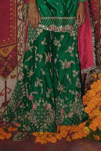Buy_Aditi Gupta_Green Silk Embroidery, Zari, Pearls V-neck Soft Kurta Sharara Set _Online_at_Aza_Fashions