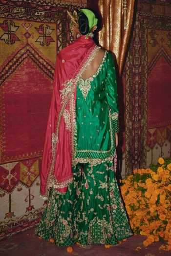 Shop_Aditi Gupta_Green Silk Embroidery, Zari, Pearls V-neck Soft Kurta Sharara Set _at_Aza_Fashions