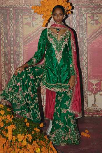 Shop_Aditi Gupta_Green Silk Embroidery, Zari, Pearls V-neck Soft Kurta Sharara Set _Online_at_Aza_Fashions