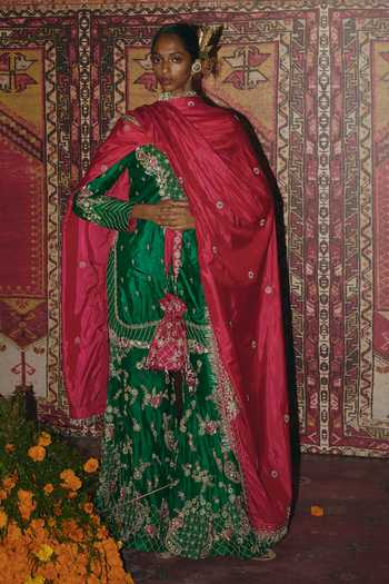 Buy_Aditi Gupta_Green Silk Embroidery, Zari, Pearls V-neck Soft Kurta Sharara Set _at_Aza_Fashions