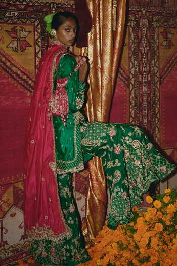 Aditi Gupta_Green Silk Embroidery, Zari, Pearls V-neck Soft Kurta Sharara Set _at_Aza_Fashions